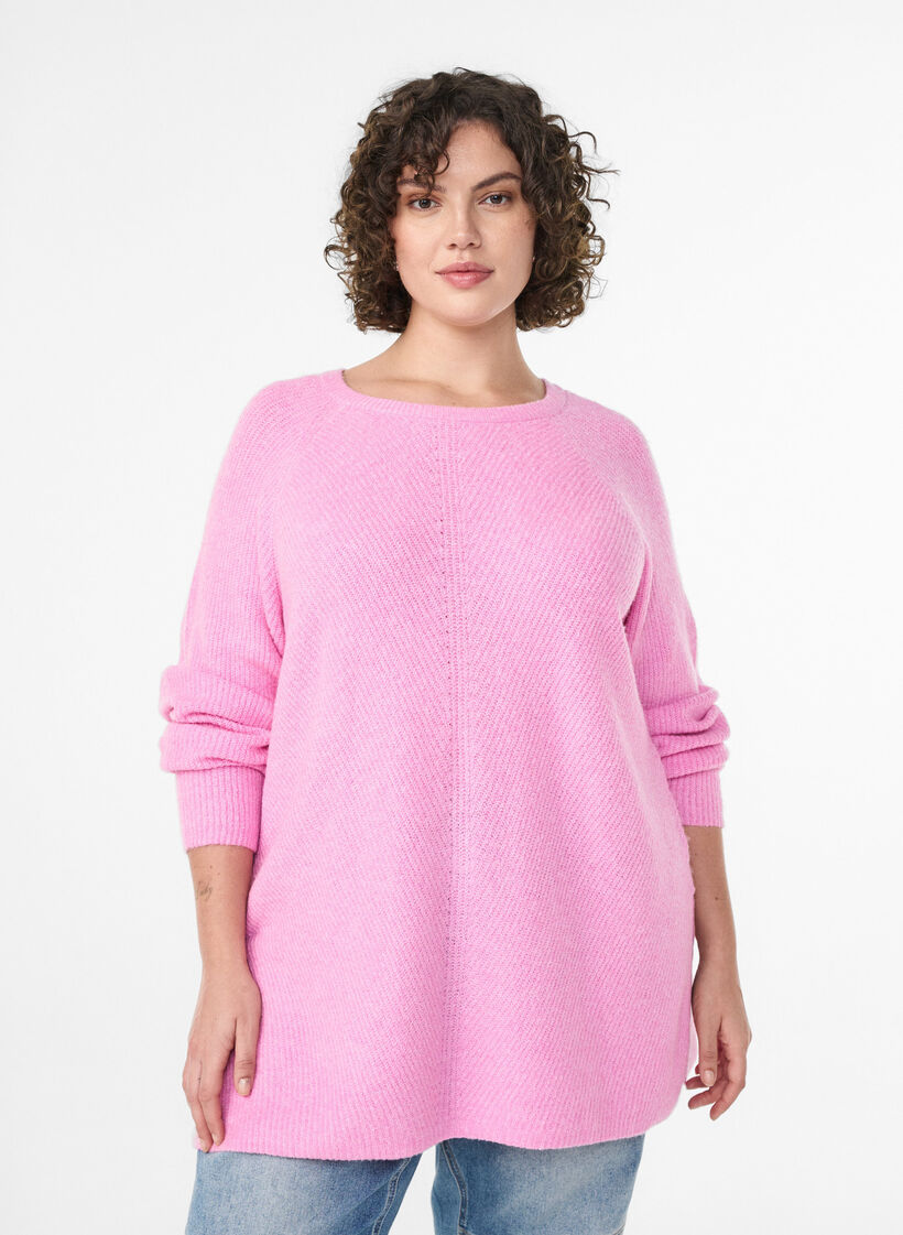 Strikkegenser med diagonalt m&oslash;nster og raglanermer, Rosa, Model image number 0