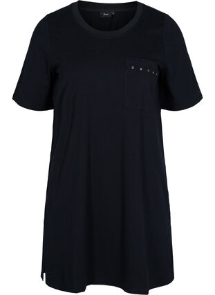 Lang T-skjorte i bomull med brystlomme med nagler, Black, Packshot image number 0