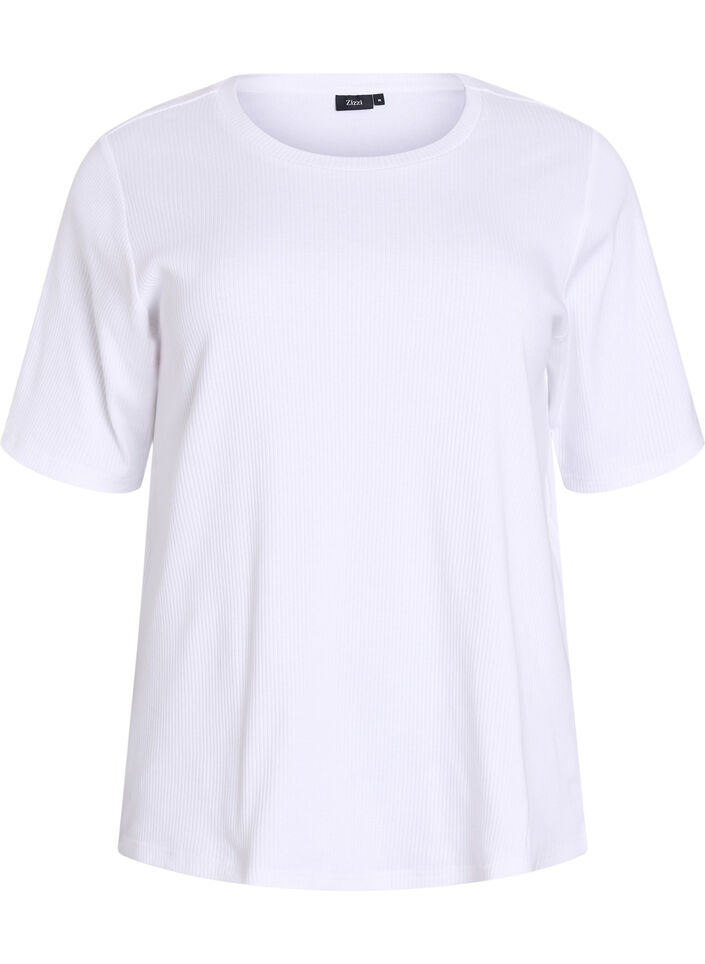 Ribbestrikket jerseybluse med korte ermer, Hvit, Packshot image number 0