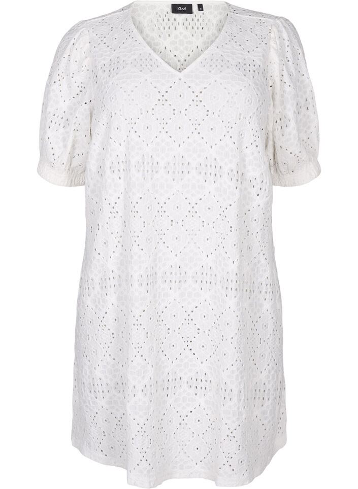 Kort kjole med v-hals og hullmønster, Bright White, Packshot image number 0