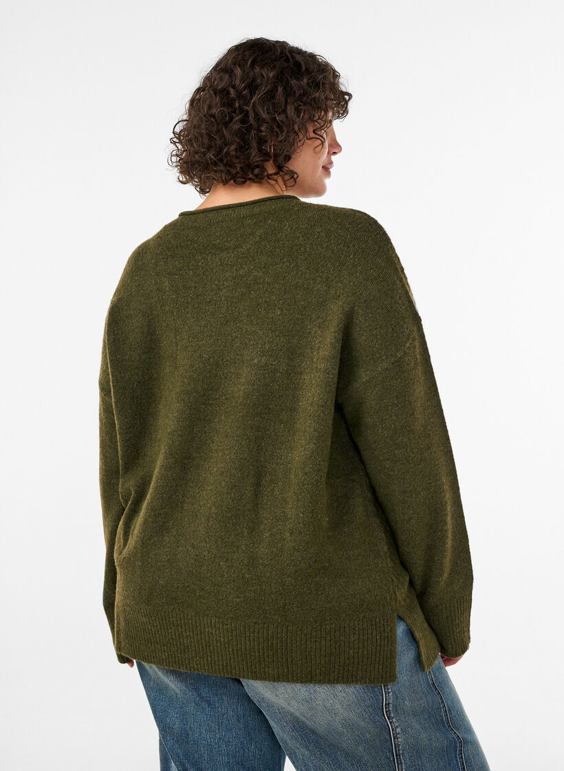 Strikkebluse med V-formet ribbem&oslash;nster og splitter, Gr&oslash;nn, Model image number 2