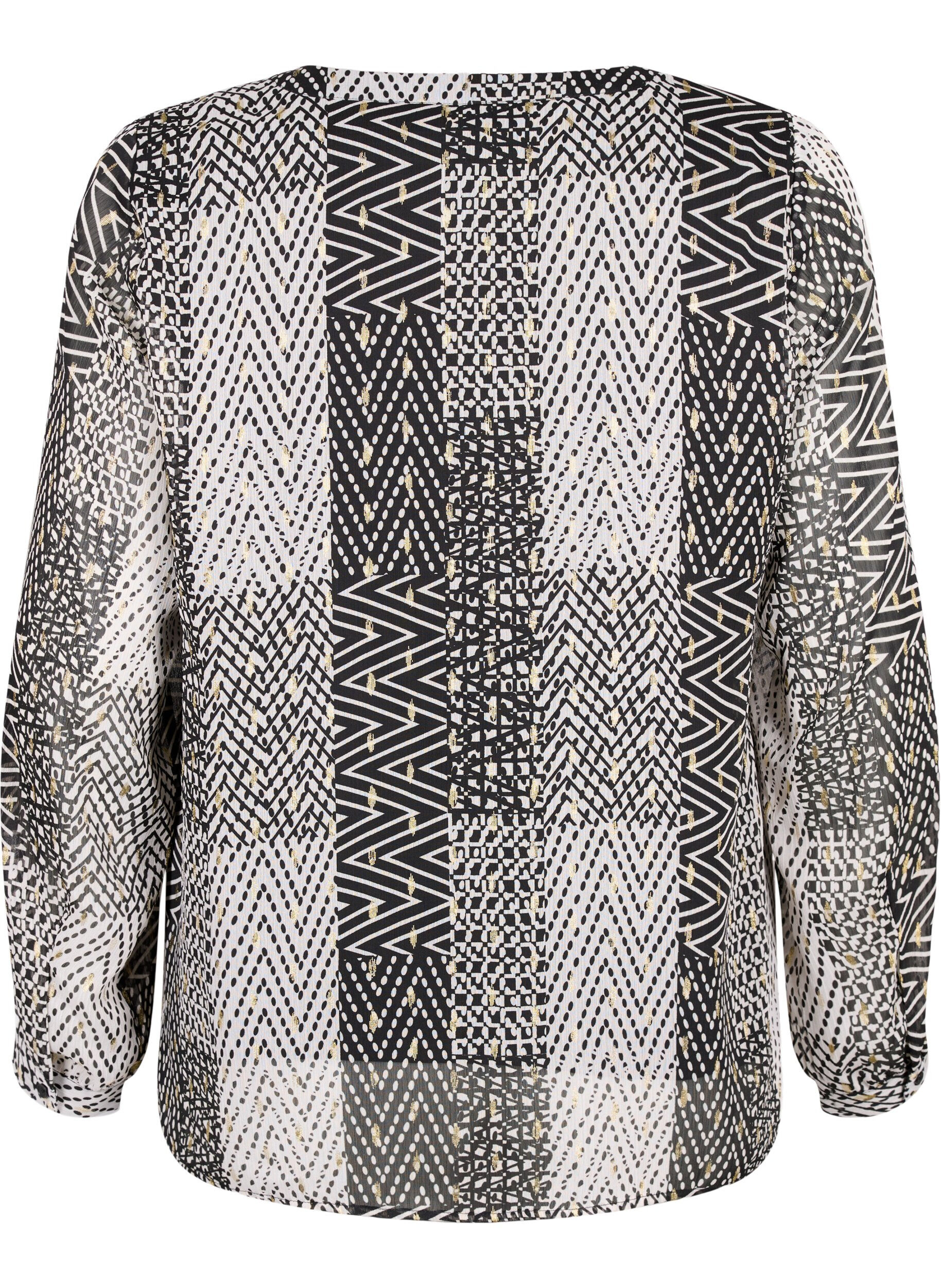 Zizzi Bluse med trykk og v-hals, Svart, Packshot image number 1