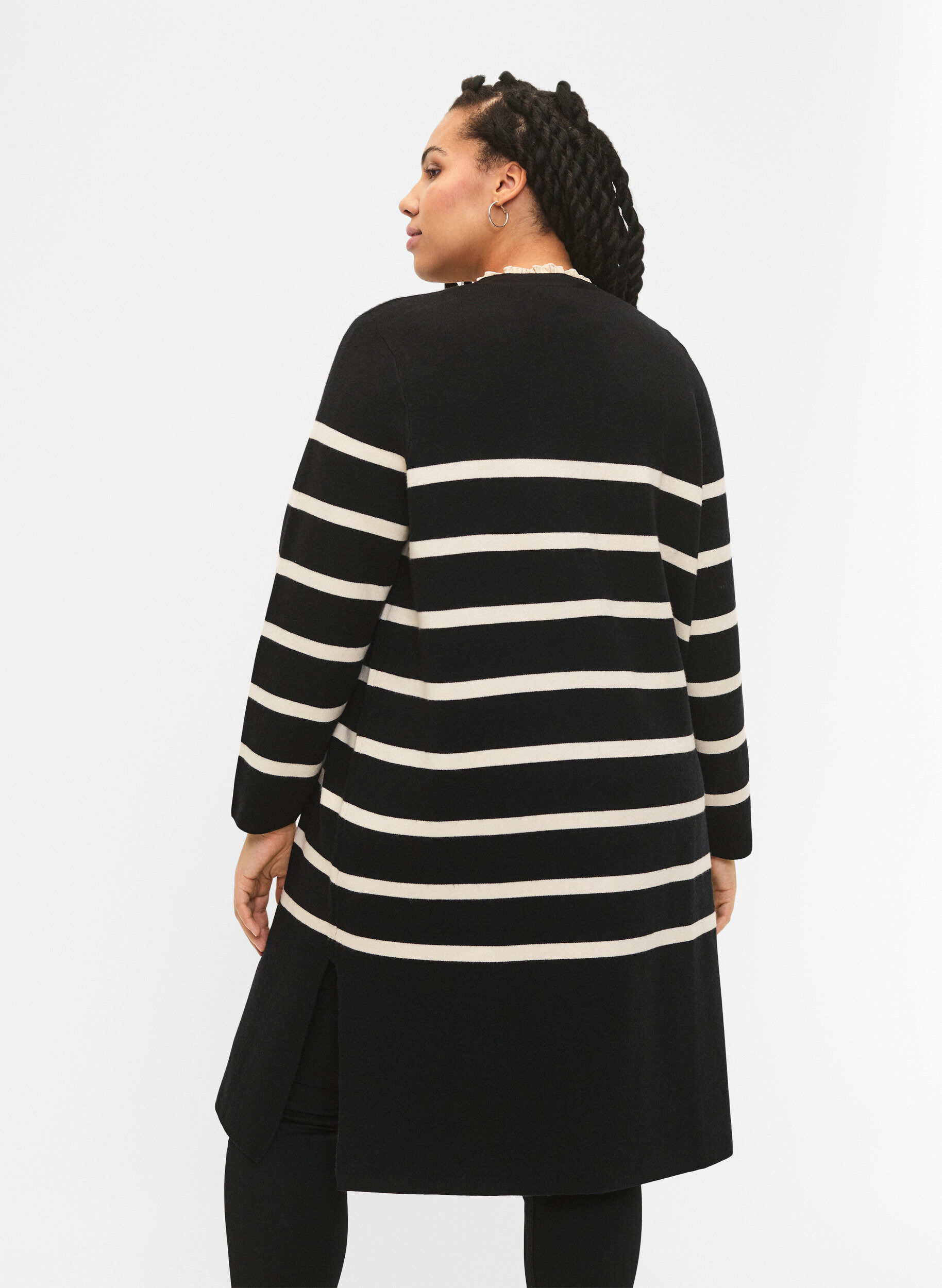 Zizzi Strikket cardigan med striper i viskoseblanding, Black w. Birch, Model image number 1