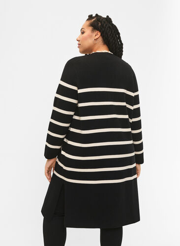 Zizzi Strikket cardigan med striper i viskoseblanding, Black w. Birch, Model image number 1