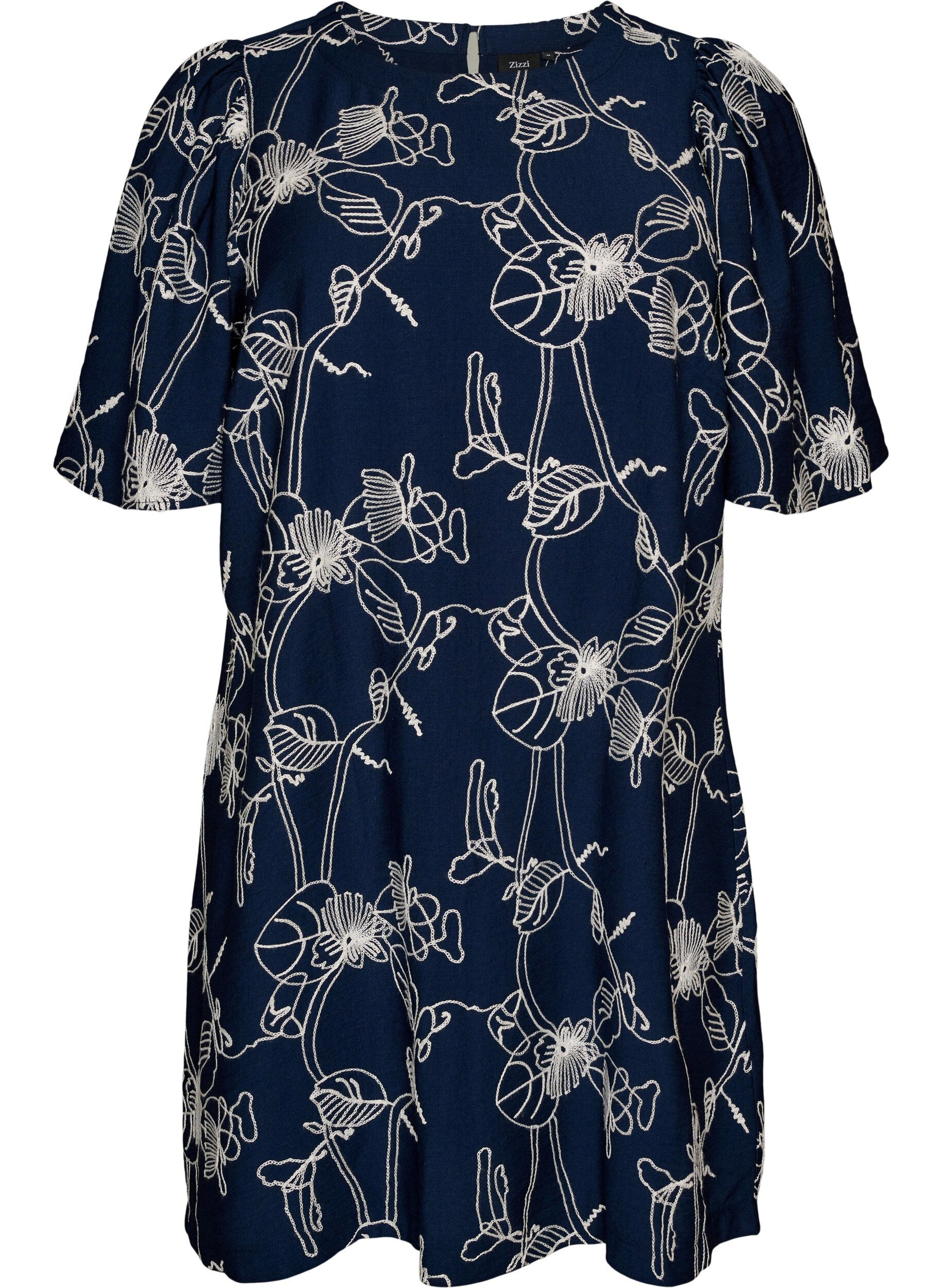 ZizziKort A-formet kjole med brodert m&oslash;nster, Bl&aring;, Packshot image number 0