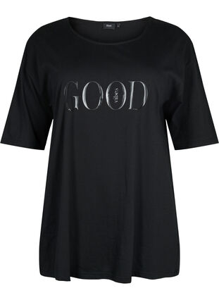 Oversized bomulls T-skjorte med mønster, Black GOOD, Packshot image number 0
