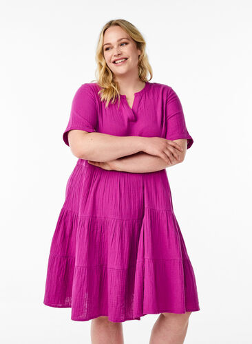 Zizzi Knelang kjole i bomullsmusselin med A-linjeformet snitt, Lilla, Model image number 0