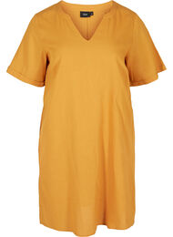 Kortermet kjole i bomullsmiks med lin, Honey Mustard
