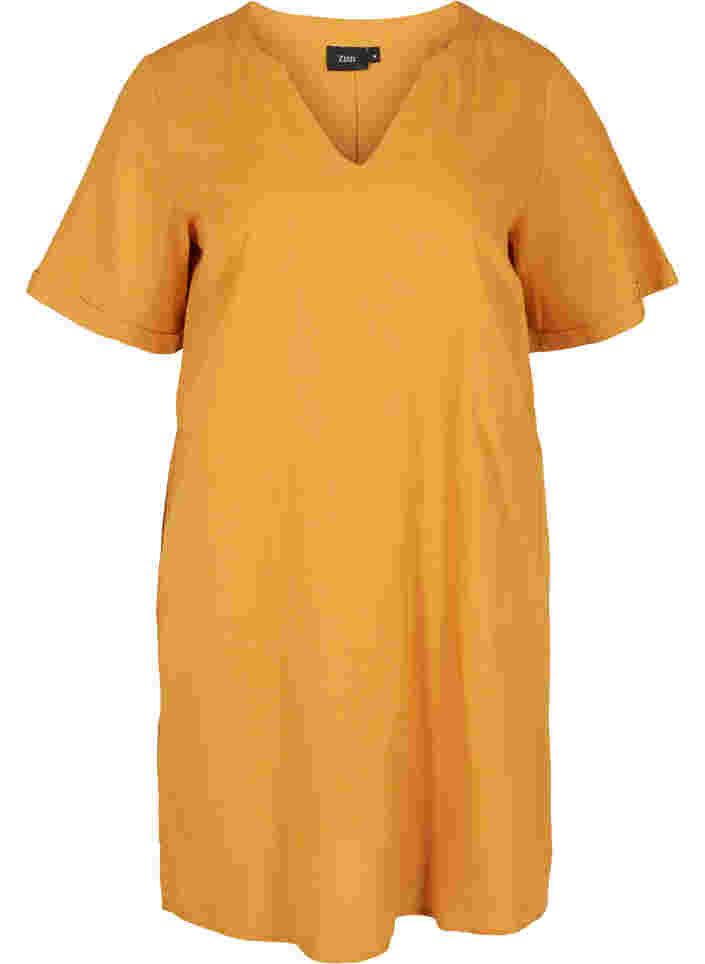 Kortermet kjole i bomullsmiks med lin, Honey Mustard, Packshot image number 0
