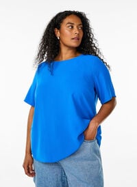 Kortermet bluse med rund hals, Blå Kortermet bluse med rund hals, Blå, Model