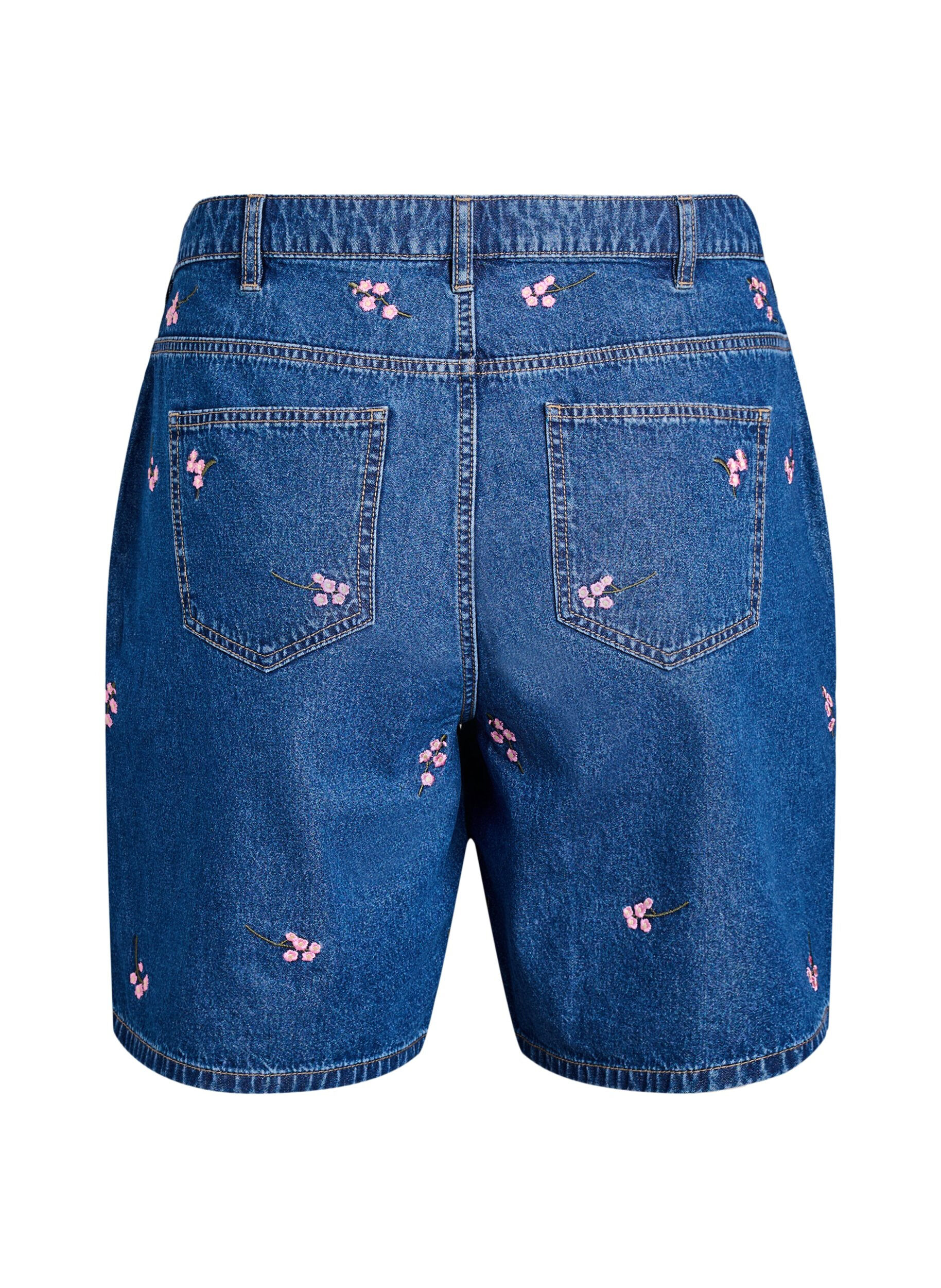 Zizzi Dongerishorts med broderte blomster, Bl&aring;, Packshot image number 1