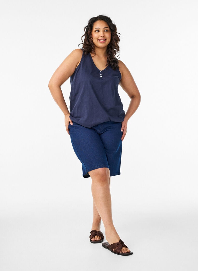 Tank topp i &oslash;kologisk bomull med V-hals og knapper, Bl&aring;, Model image number 1