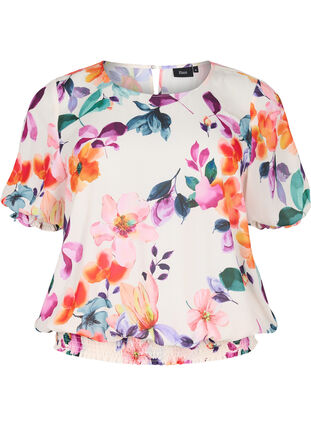 Blomstrete bluse med smock, Buttercream Flower , Packshot image number 0