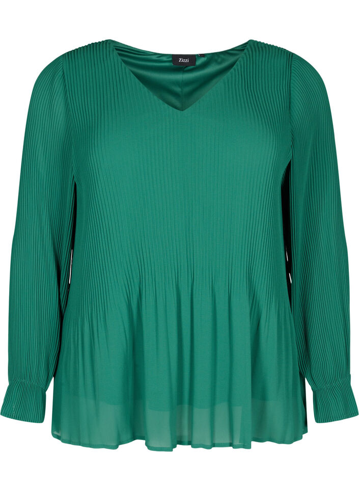 Bluse i plissé med V-hals, Evergreen, Packshot image number 0