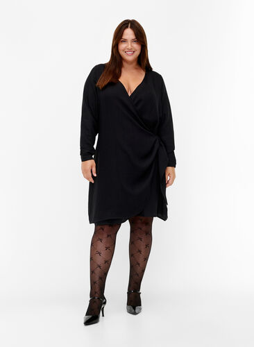 Viskosekjole med lange ermer og slå-om-look, Black, Model image number 2