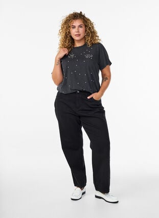 Zizzi T-skjorte med rhinesteiner og vasket look, Grå, Model image number 1