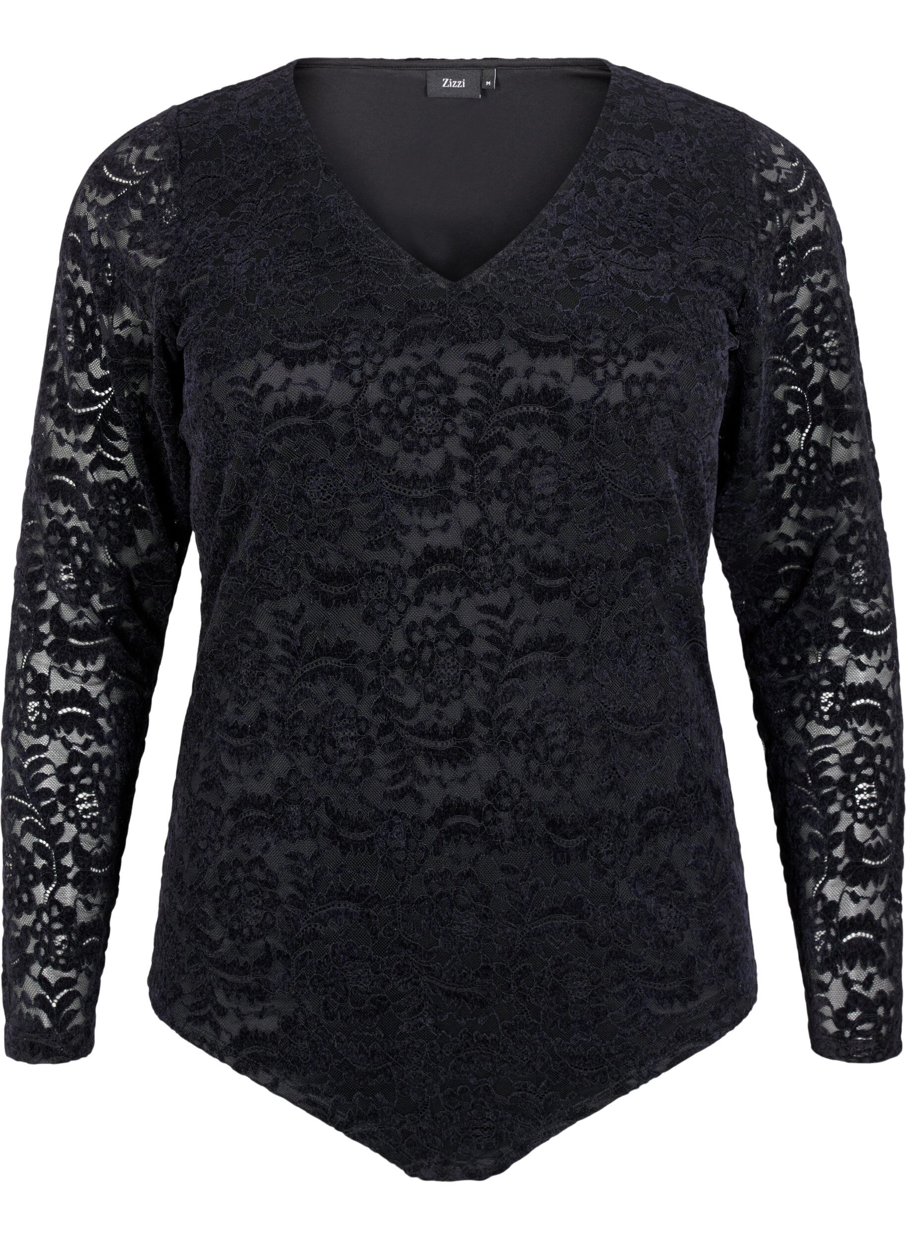 Zizzi Body med blonder og lange ermer, Black, Packshot image number 0