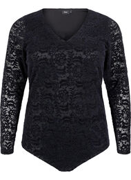 Body med blonder og lange ermer, Black