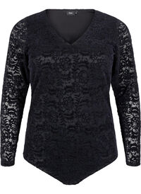 Body med blonder og lange ermer, Black Body med blonder og lange ermer