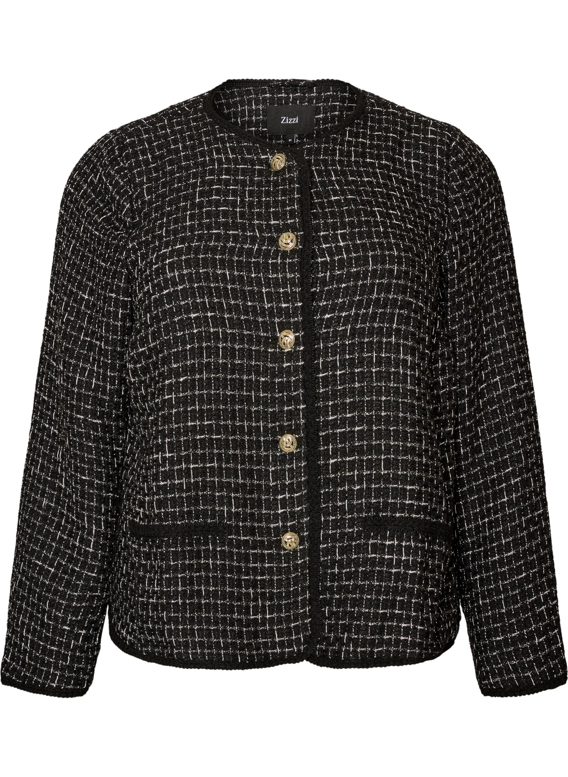 ZizziJakke i boucl&eacute; med gullfargede knapper, Svart, Packshot image number 0