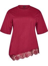 T-skjorte med asymmetrisk blondekant, R&oslash;d