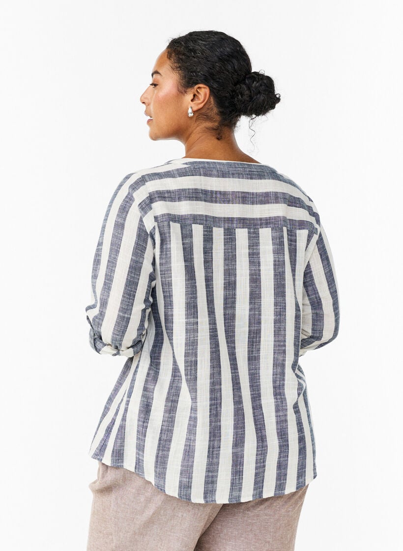 Bluse i bomull med V-hals, Bl&aring;, Model image number 2