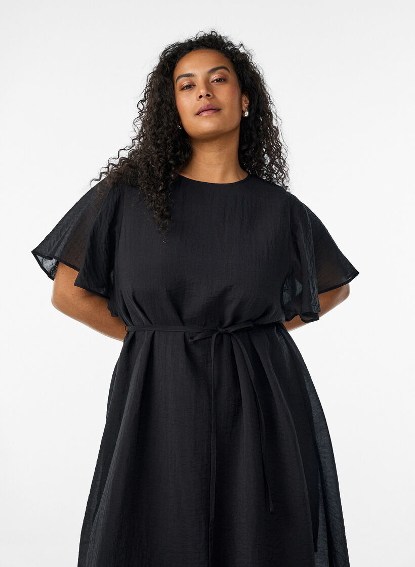 Ankellang kjole med flagrende ermer og knytebelte, Svart, Model image number 2