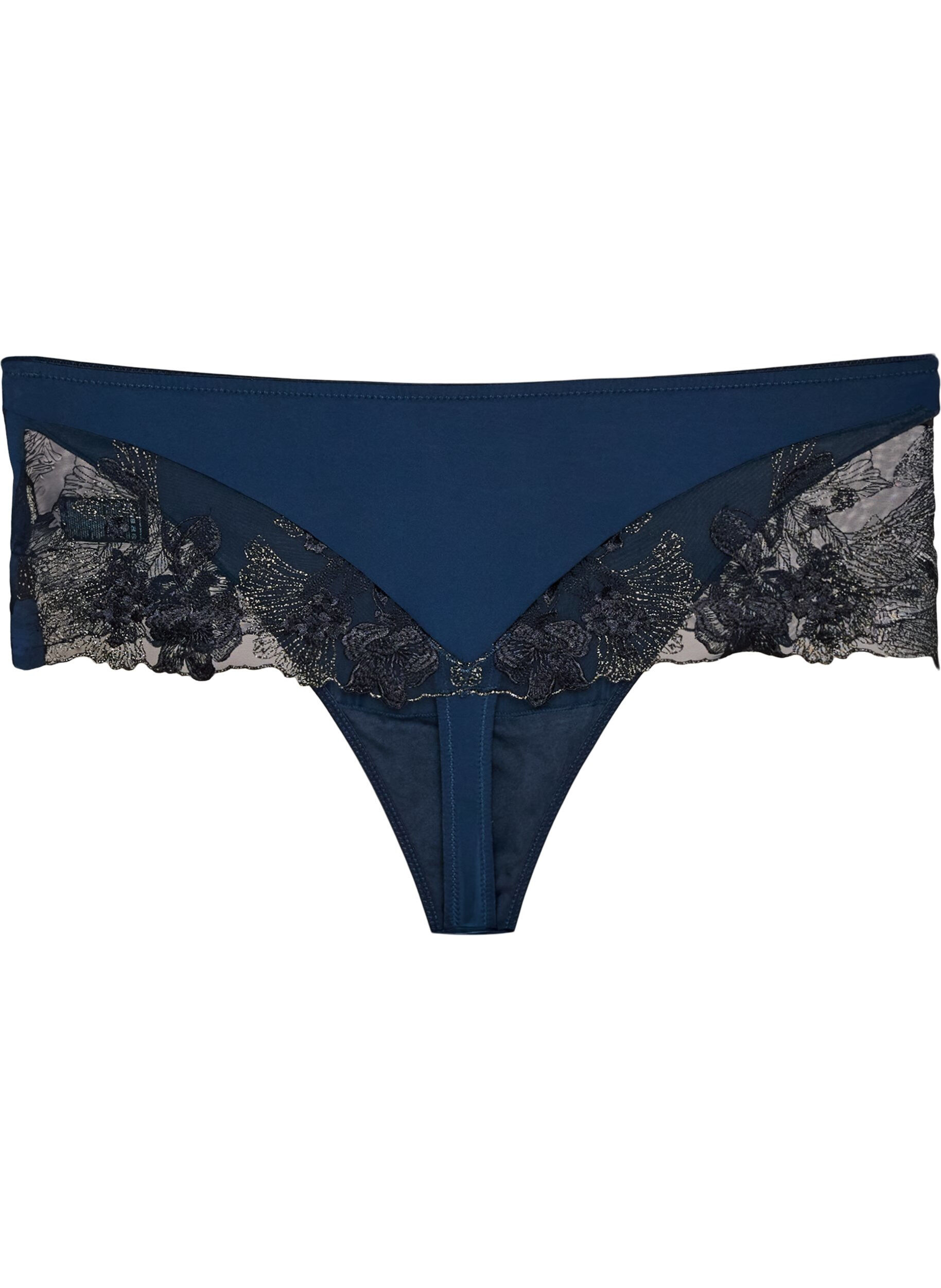 ZizziHipsterstring med blomsterbroderi og vanlig midje, Bl&aring;, Packshot image number 2