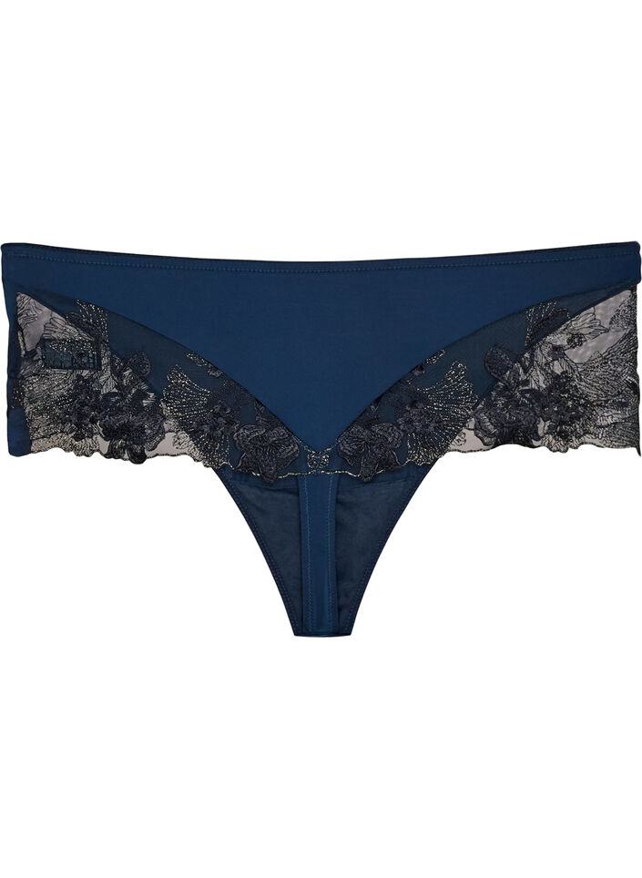 Hipsterstring med blomsterbroderi og vanlig midje, Bl&aring;, Packshot image number 2