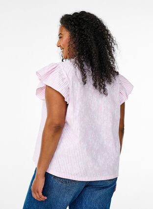 Zizzi Ermeløs bluse med striper og blomstertrykk, Rosa, Model image number 2