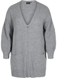 Lang strikket cardigan med glidelås og lommer, Medium Grey Melange