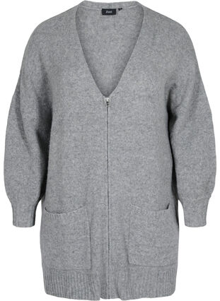 Zizzi Lang strikket cardigan med glidelås og lommer, Medium Grey Melange, Packshot image number 0
