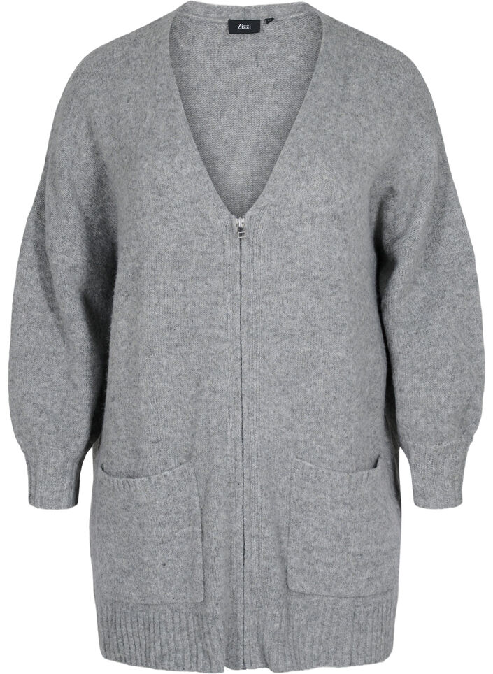 Lang strikket cardigan med glidelås og lommer, Medium Grey Melange, Packshot image number 0