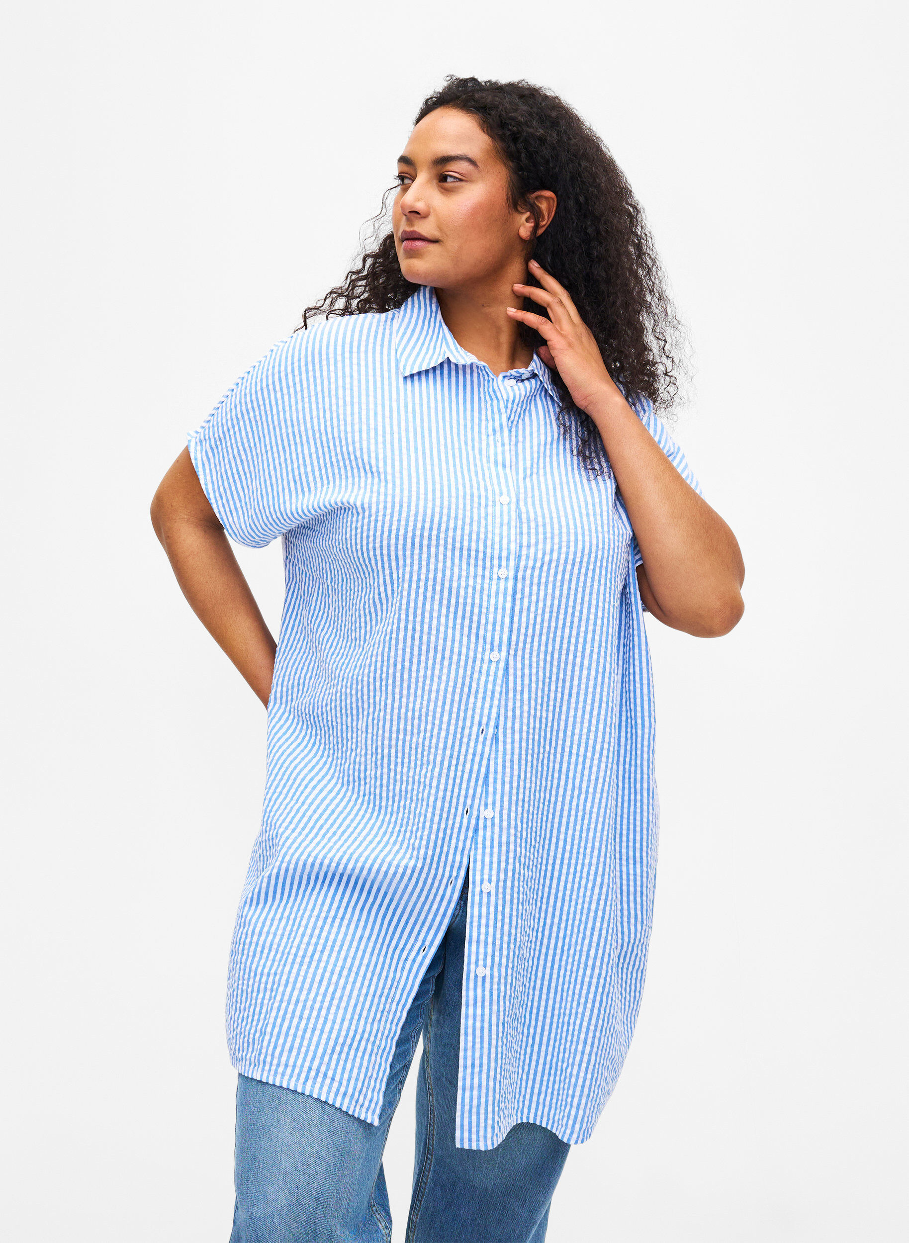 Zizzi Lang stripete bomullsskjorte, Light Blue Stripe, Model image number 0