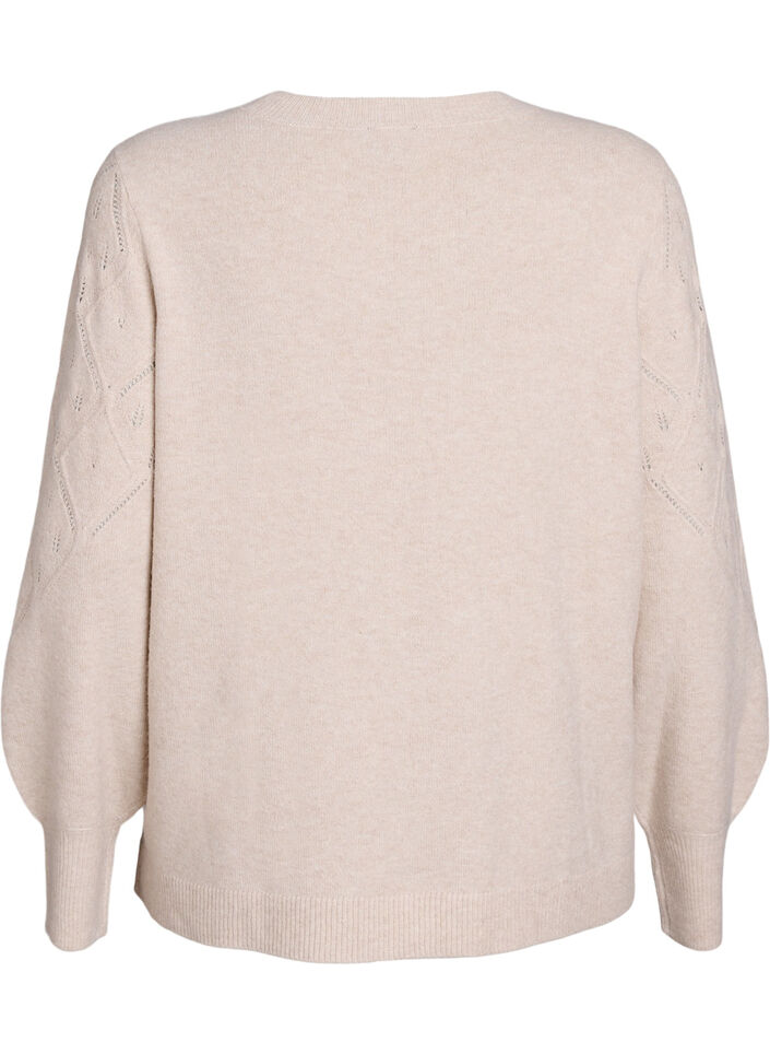 Strikket topp med hullmønster og ballongermer, Pumice S. White Mel., Packshot
