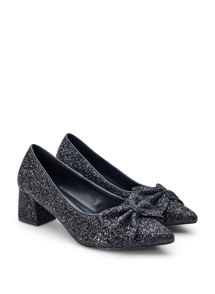 Wide fit - Glitterpumps med sløyfe, Svart, Packshot image number 1