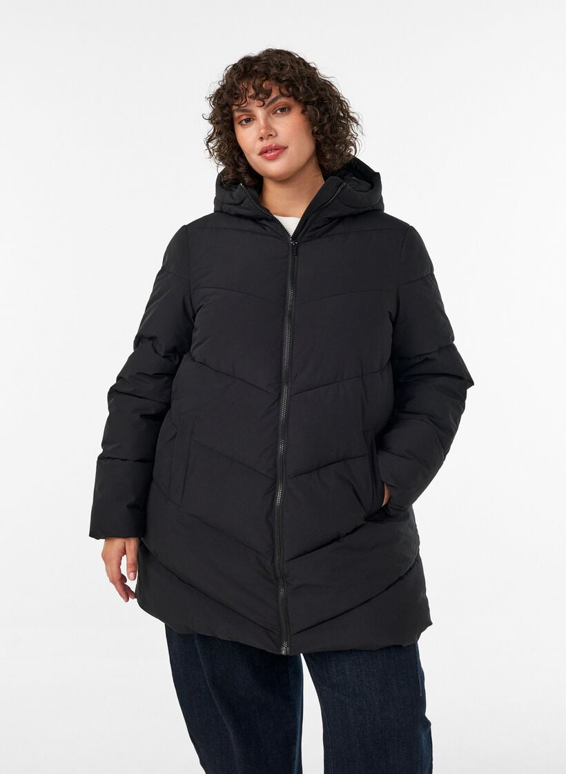 Mellomlang pufferjakke med hette, Svart, Model image number 3
