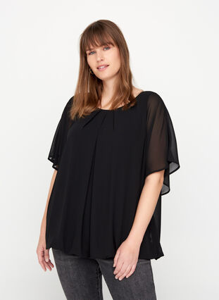 Kort bluse med løse mesh ermer, Black, Model image number 0