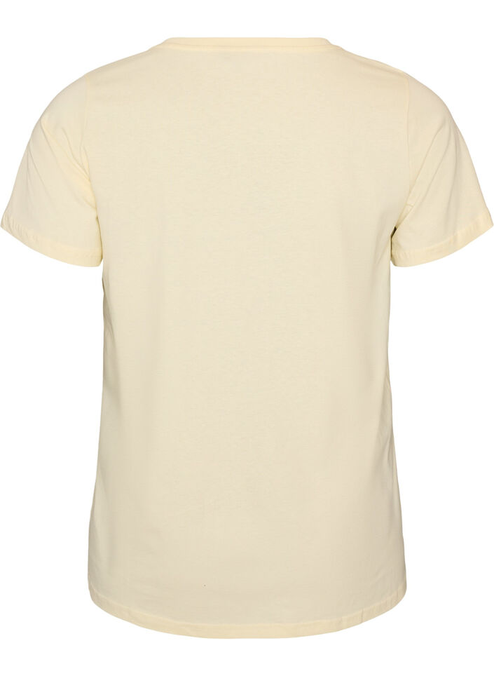 Bomull T-skjorte med fronttrykk og V-hals, Beige, Packshot image number 1