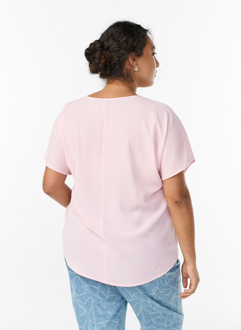 Bluse med korte ermer og rund hals, Rosa, Model image number 2