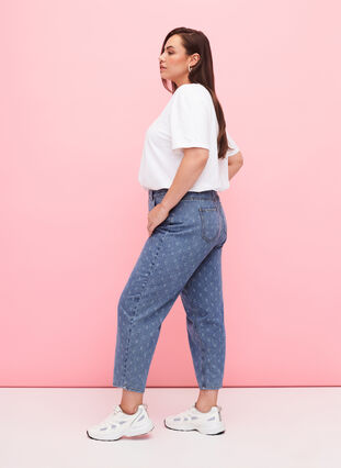 Cropped jeans med trykk og høy midje, Blue denim, Model image number 3