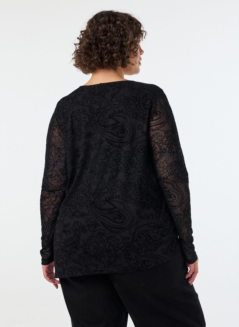 Meshbluse med paisleytrykk og asymmetrisk kant, Svart, Model image number 2