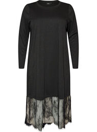Jerseykjole med glitter og blondedetaljer, Svart