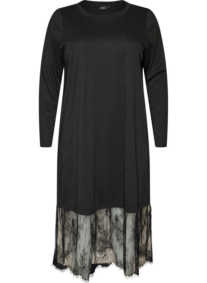 Jerseykjole med glitter og blondedetaljer, Svart, Packshot image number 0