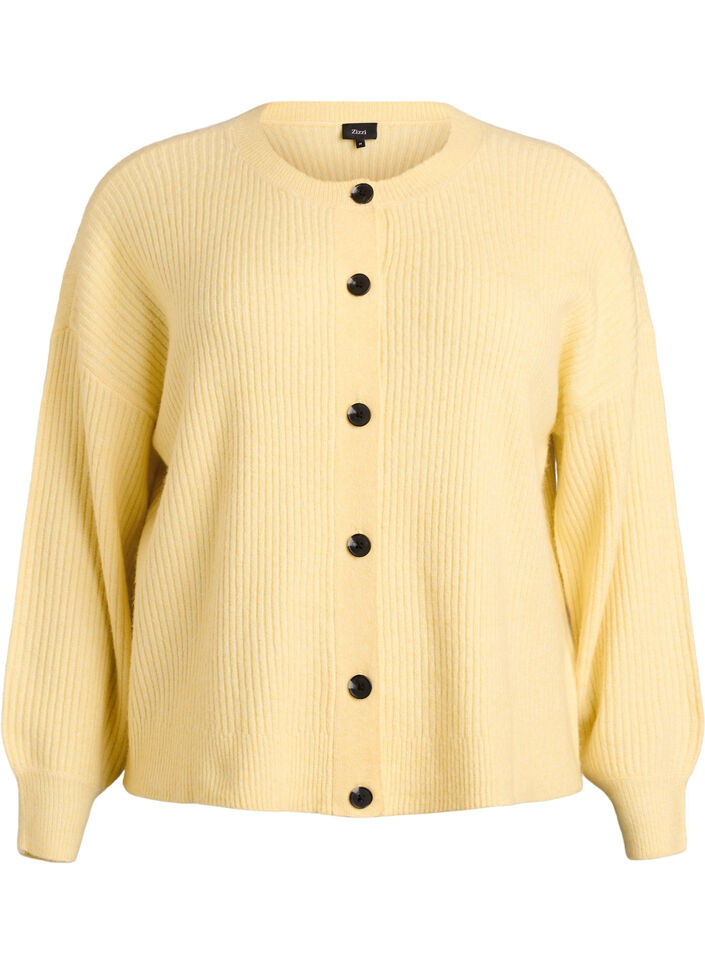 Ribbestrikket cardigan med knapper, Gul, Packshot image number 0