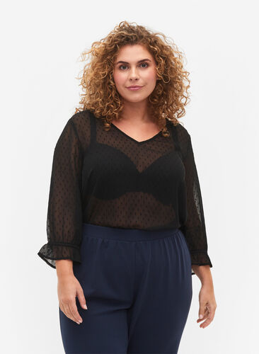 FLASH - bluse med 3/4-ermer og strukturmønster, Black, Model image number 0