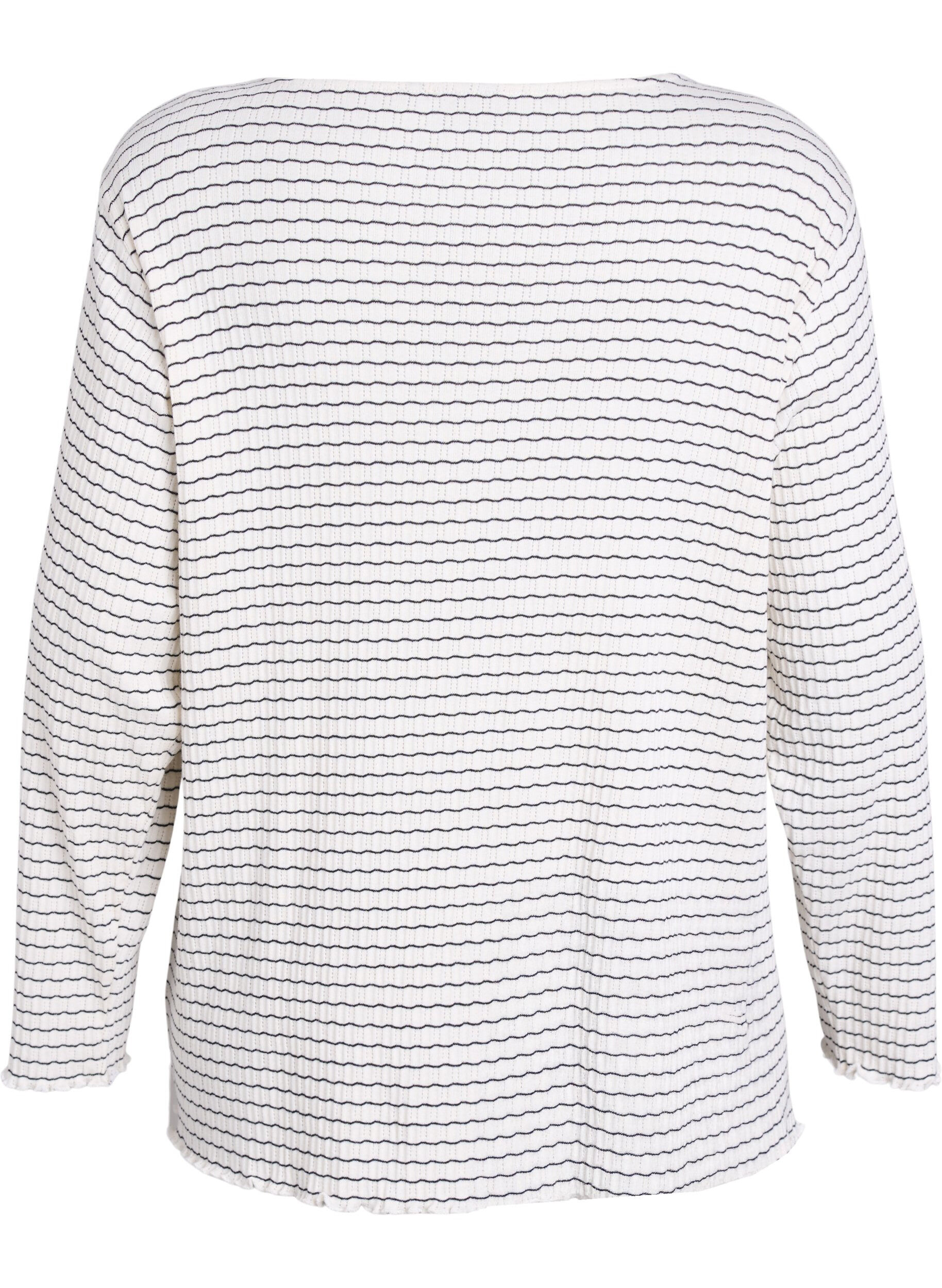 Zizzi Stripet jerseybluse med b&oslash;lgete kanter, Hvit, Packshot image number 1