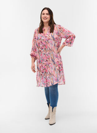 Blomstrete tunika med V-hals og lange ermer, Pink Feather, Model image number 2