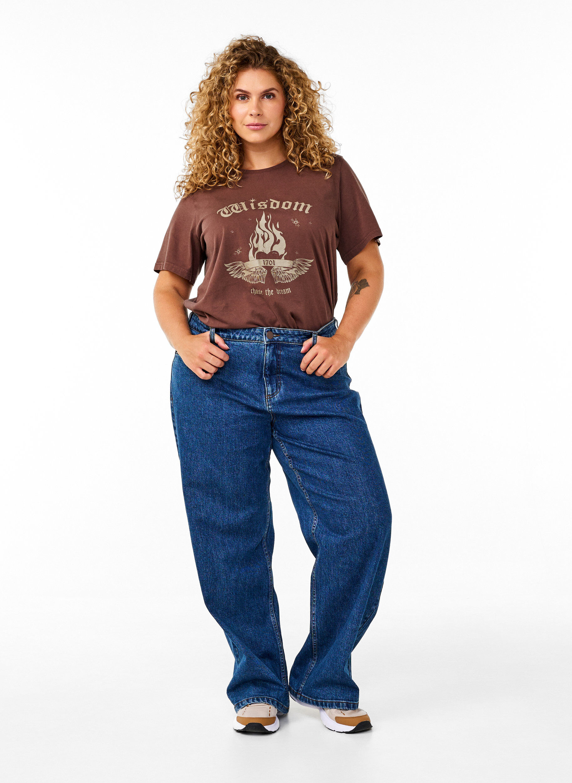 Jeans med vide ben og h&oslash;y midje, Bl&aring;, Model