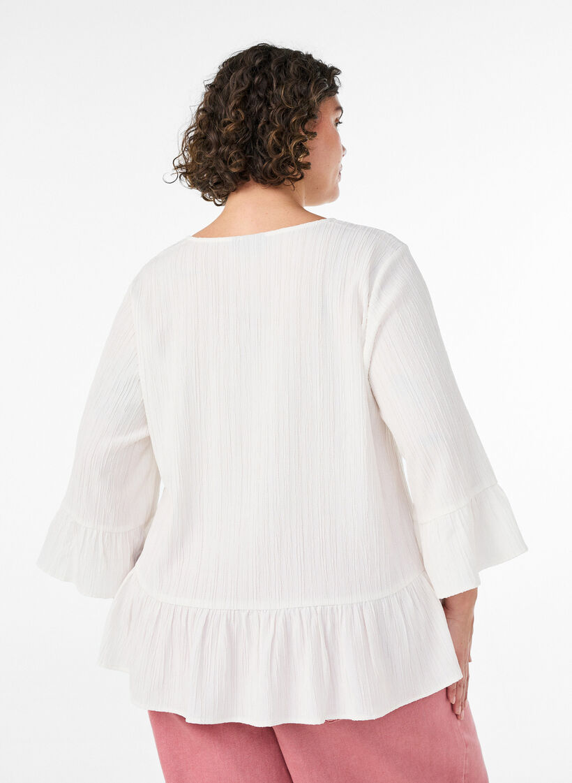 Bluse med tekstur, V-hals og rysjer, Vanilje, Model image number 2